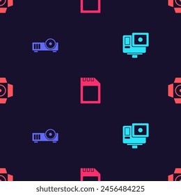 Set Action extreme camera, Media projector, SD card and Movie spotlight on seamless pattern. Vector