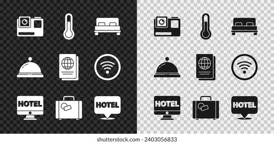 Set Action extreme camera, Meteorology thermometer, Big bed, Online hotel booking, Suitcase, Location, Hotel service bell and Passport icon. Vector