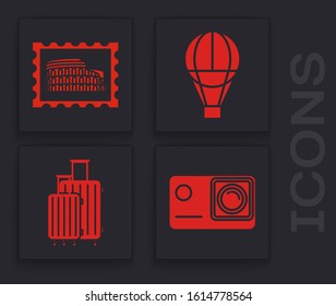 Set Action extreme camera, Postal stamp and Coliseum, Hot air balloon and Suitcase for travel icon. Vector