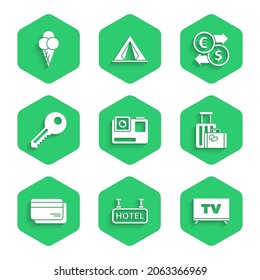 Set Action extreme camera, Signboard with text Hotel, Smart Tv, Suitcase, Credit card, Key, Money exchange and Ice cream in waffle cone icon. Vector