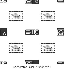 Set Action extreme camera, Travel ticket and Postal stamp and Coliseum on seamless pattern. Vector