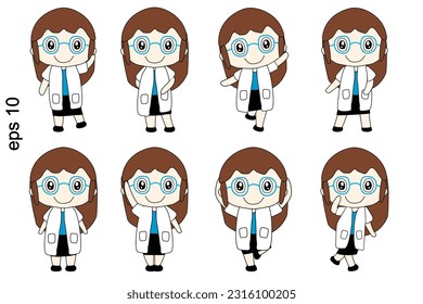 set of action female doctor vector cartoon character design
