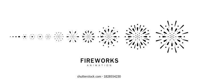 Set of action fireworks sequence. Black firecracker icons for animation.Design simple on white background. Elements display for Celebration, Carnival, Festive, Festival, New year. Vector illustration.