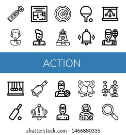 Set of action icons such as Action camera, Soccer player, Evacuation plan, Wushu, Radar, Bell, Ping pong, Newtons cradle, Badminton, Cricket, Handbell, Water polo, Swimmer , action