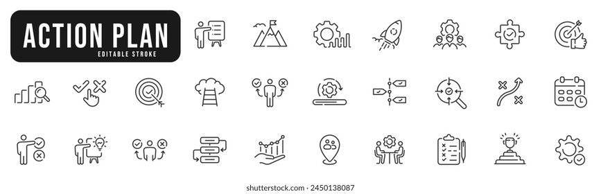 Set of action plan related line icons. Strategy, plan, action, target, goal etc. Editable stroke