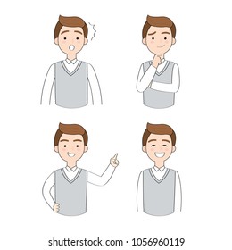 Set actions cartoon cute working man, gray uniform vector.