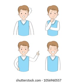 Set actions cartoon cute working man, blue uniform vector.