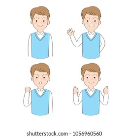 Set actions cartoon working man, blue uniform vector.
