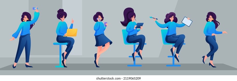 Set Actions the Girl  the Manager  Young Specialist is Sitting Chair  Drinking Coffee  Talking the Phone  Drawing Tablet