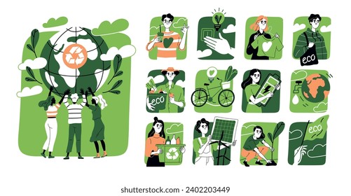 Set of Actions to protect environment. Zero waste and sustainable lifestyle. Characters use alternative energy sources, recycle and reuse. Cartoon flat vector collection isolated on white background