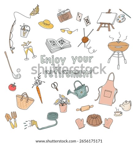 Set of active activities for pensioners. Color vector  doodle hand drawing of different activities for pensioners women or pensioners men. Congratulatory card with inscription Enjoy your retirement!