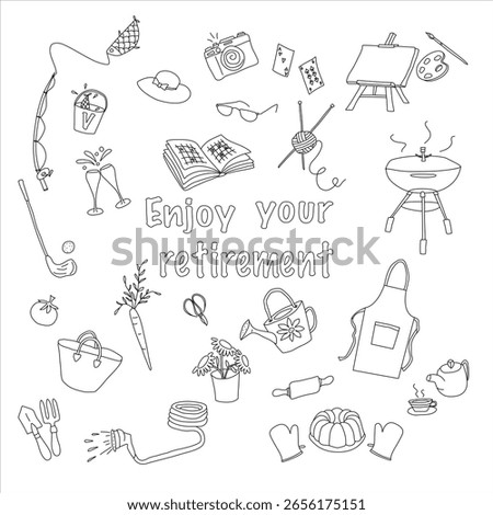 Set of active activities for pensioners. Hand drawing  doodle vector different activities for pensioners women or pensioners men. Congratulatory card with inscription Enjoy your retirement!
