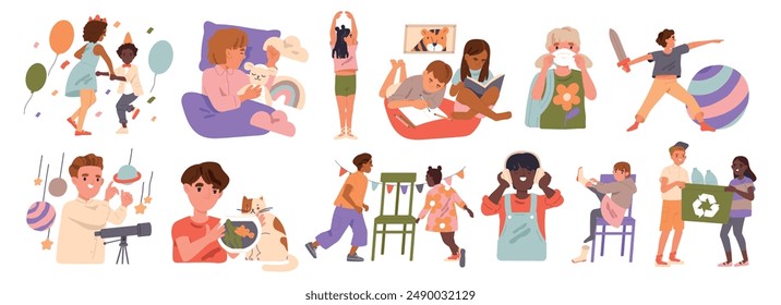 Set of active children. Happy kids in daily situations. Boys and girls read books, play with friends and pets, dance, listen to music and sleep in bed. Flat vector illustration isolated on background