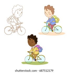 Set of active hand drawn schoolboys with backpacks on bike. Vector illustration of children with back pack on bicycle going to education. Kids activity. Pupil character with rucksack rides to school.