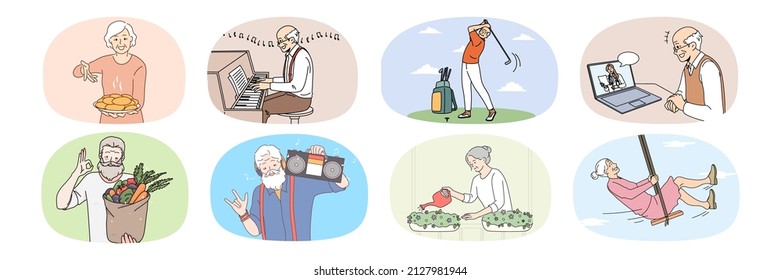 Set of active happy old people have fun relax enjoy maturity years. Collection of smiling energetic senior men and women rest on retirement. Elderly hobby and relaxation. Vector illustration. 