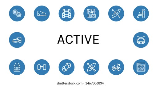 Set of active icons such as Buttons, Shoe, Weightlifting, Dance, Kayak, Waterpark, Golfer, Skateboard, Bike, Add, Canoe , active