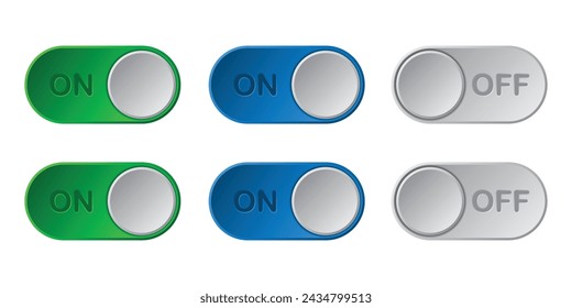 A set of active and inactive switch icons, a set of on and off switches, green, blue, and gray buttons, and a realistic design.