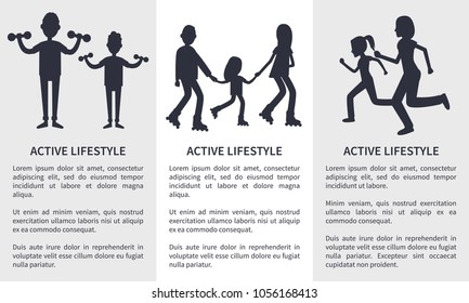 Set of active lifestyle cards vector illustration isolated on white backdrops, black text sample, silhouettes of doing varied sport activity families