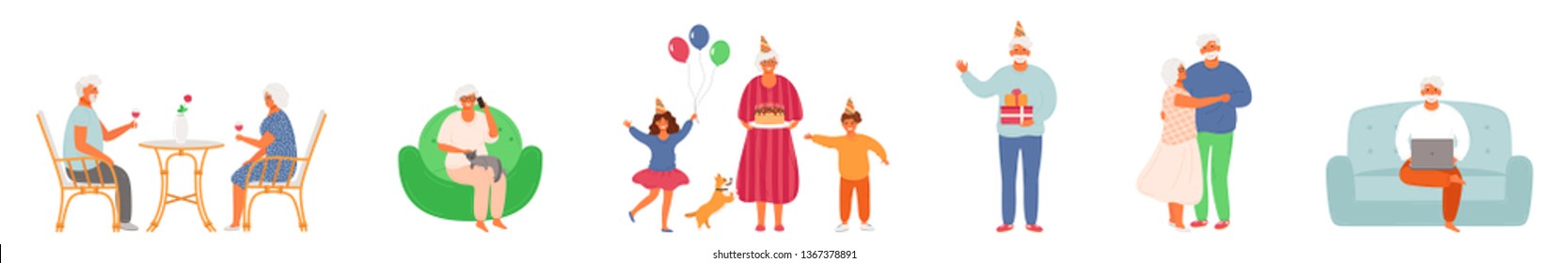 Set of active lifestyle seniors. Elderly people characters. Old people visit a cafe, use a laptop, talk on the phone, celebrate a birthday with family, dance together. Grandfather and grandmother.EPS8