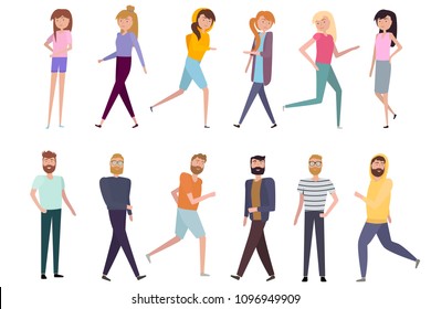 Set of active men and women characters. Editable vector illustration