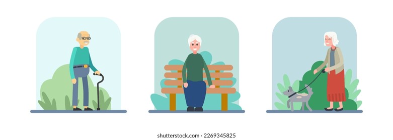 Set of active old people spending time outdoor in park. Senior people having healthy and active lifestyle. Recreation time. Walking dog. Happy old age. Vector