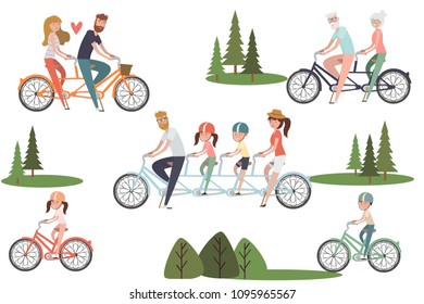 Set of active people riding on bicycles in the park with couples, families, kids, elderly couples. Active and healthy life and relaxing in park. Editable vector illustration