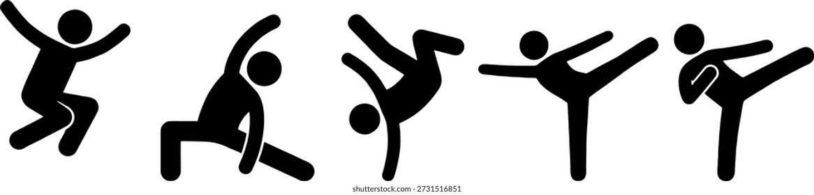 Conjunto de Siluetas de Personas Activas en Varias Poses Deportivas, Incluyendo Artes Marciales, Yoga, Baile y Salto de Vector