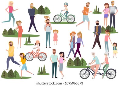 Set of active people walking and  riding on bicycles in the park. Active couples, families, kids, elderly couples. Healthy life and relaxing in park. Editable vector illustration