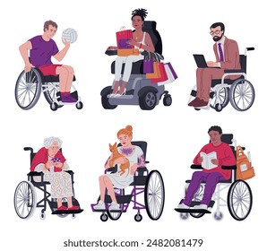 Set of active people in wheelchairs. Vector illustration depicting people with disabilities doing various activities such as sports, work and reading. Flat isolated background.