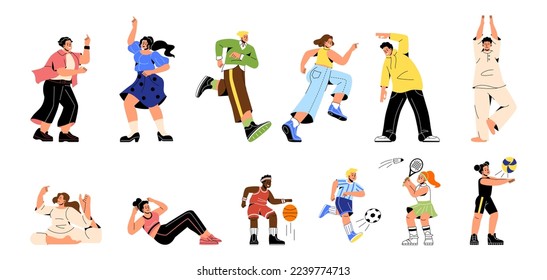 Conjunto de personas activas. Los jóvenes bailan, corren, practican deportes o yoga, juegan al baloncesto, al voleibol o al fútbol. Caracteres para los diseños. Colección vectorial plana de dibujos animados aislada en fondo blanco