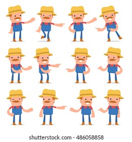 Set of Active and Positive Character Farmer making presentation poses for using in design, etc.