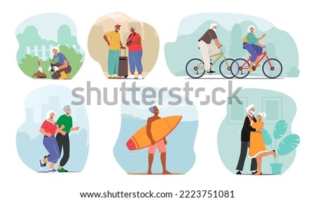 Set Active Senior People. Aged Male and Female Characters Gardening, Travel, Riding Bicycles, Jogging and Dance. Happy Old Couple, Man and Woman Pensioners Life. Cartoon People Vector Illustration