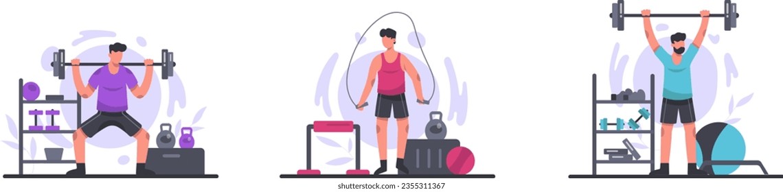 Set of active and strong males training in gym. Sportsman jumping rope. Powerful man lifting barbell. Strong and resilient athlete. Flat vector illustration in cartoon style