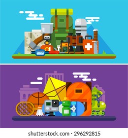 Set for active summer holiday. Camping and variety journey. Equipment for summer sports. Vector flat illustration