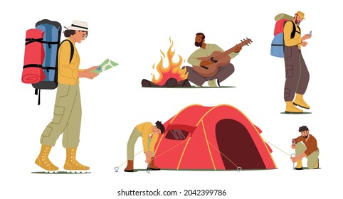 Conjunto de Turistas Activos. Jóvenes en el campamento. Caracteres montados en carpas, tocando guitarra en fogata. Caminata de Compañías Amigos con Búsqueda de Mochilas en el Camino Correcto, Actividad de Vacaciones. Ilustración del vector de dibujos animados