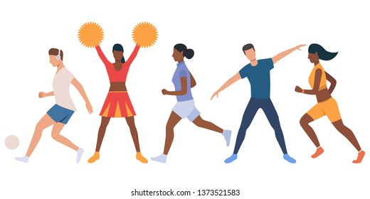 Set of active young people. Group of runners and cheerleaders training. Vector illustration can be used for presentation, sport, advertisement