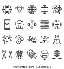 Set Of Activities Global Technology Linear Icon. Outline Digital Business Internet Telecom Symbol. Mobile Laptop Computer Wifi Connect Device Communication.