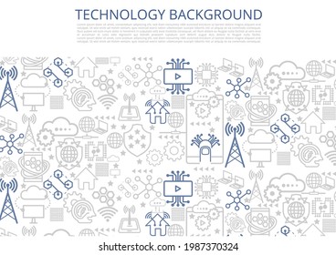 Set of activities global technology linear icon concept. Outline digital business internet telecom symbol. Mobile laptop computer wifi connect device communication background.
