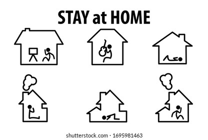set of activities at home vector artline illustration. stay at home symbol icon 