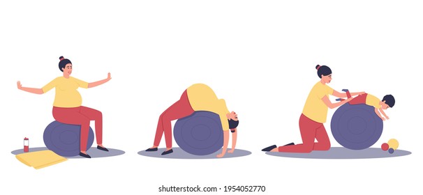 A set of activities on a large ball for a pregnant woman and a baby. Relaxation of the pregnant woman. Mom and baby are doing exercises on the ball. Flat vector illustration.