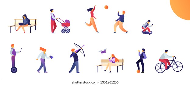 Set Activities for Young People in Everyday Life. Flat Vector Illustration on White Background. Girl Sits on Bench with Laptop and Launches Drone. Guy Rides Bike and Skateboard, Shoots Bow.