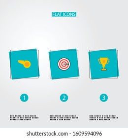 Set of activity icons flat style symbols with darts, champion cup, whistle and other icons for your web mobile app logo design.