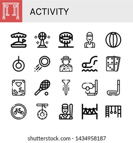 Set of activity icons such as Gym equipment, Sandbox, Basketball, Round up ride, Swimmer, Beach ball, Swing, Puck, Ranger, Waterpark, Dominoes, Pinball, Tennis, Tee , activity