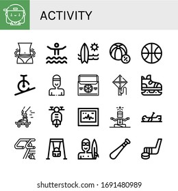 Set of activity icons. Such as Skater, Hula hoop, Waterpark, Surfboard, Beach ball, Basketball, Rope biking, Swimmer, Thermo bag, Kite, Ice skate, Skateboard , activity icons