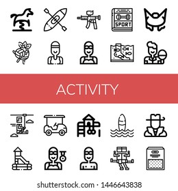Set of activity icons such as Spring swing horse, Volleyball, Kayak, Swimmer, Paintball gun, Sport, Fish therapy, Bungee jumping, Table tennis, Zip line, Slide, Golf cart , activity