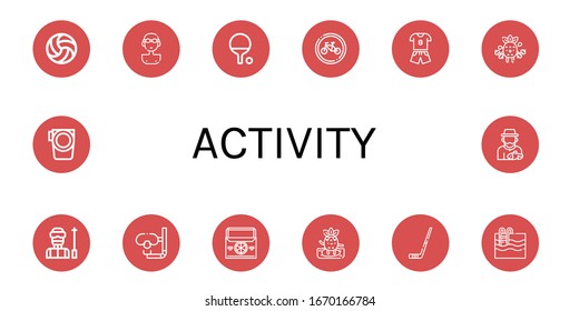 Conjunto de iconos de actividad. Como voleibol, nadador, ping pong, bicicletas, deportes, ejercicio, esquí, buceo, bolsa de termo, surf, palo de hockey, piscina, pádel, pescador , iconos de actividad