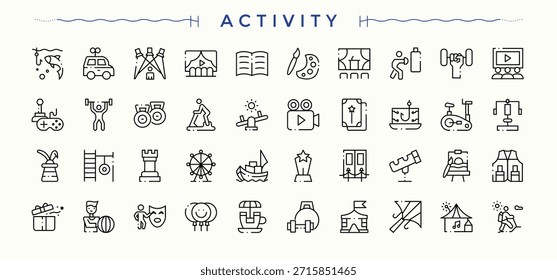 Ícone de linha Conjunto de Atividades. Incluído viagens, jardinagem, ciclismo, aventura, passatempo e muito mais. Ícones finos definidos. Conjunto de ícones de aventura. Traçado editável.