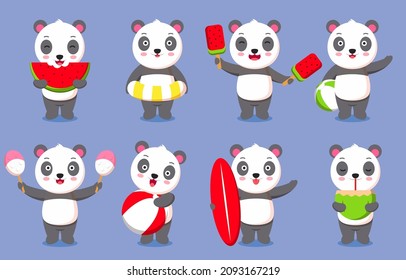 Set of Activity of panda relaxing on vacation , Graphic cartoon character for banner, sticker advertising travel in summer theme Vector illustration