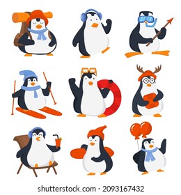 Set of Activity of penguin relaxing on vacation with camping, swimming, fishing, scuba diving and rest on beach in cartoon character, Vector illustration