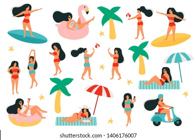 Set of activity women on the beach. Women on the swim ring, the shape of a flamingo and a donuts. Play with a beach ball. Rides on a scooter. Surfing. Flat style vector illustration.